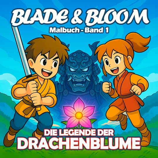 Blade & Bloom Malbuch-Cover mit Kindern mit Schwertern und einer leuchtenden Drachenblume.