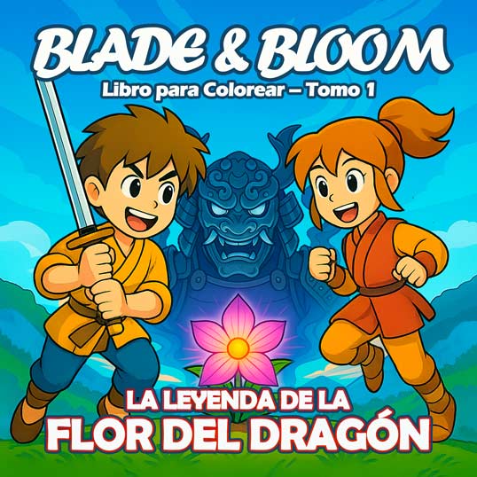 Portada del libro para colorear Blade & Bloom con niños con espadas y una flor de dragón brillante.