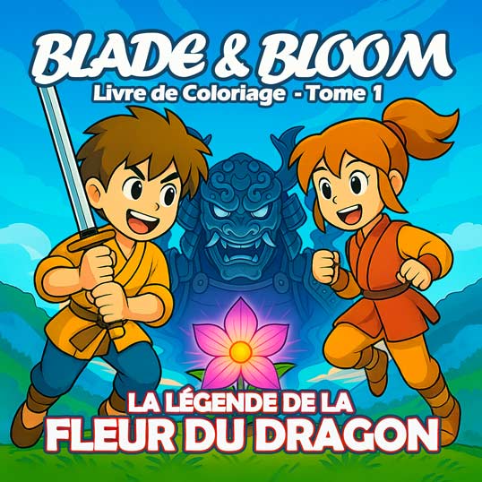 Couverture du livre de coloriage Blade & Bloom avec des enfants armés d’épées et une fleur de dragon lumineuse.