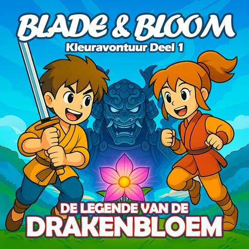 Blade & Bloom kleurboek met kinderen met zwaarden en een gloeiende drakenbloem.