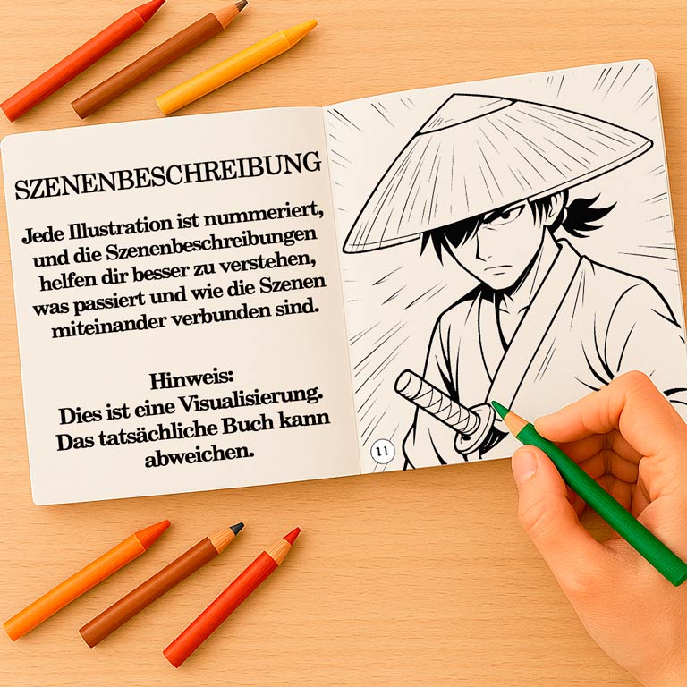 Illustriertes Malbuch mit nummerierten Szenen Offenes Malbuch und Abenteuerbuch für Kinder und Jugendliche, mit einer erzählerischen Szenenbeschreibung und einer Ausmalseite – Teil eines interaktiven Geschichtenbuchs mit Fantasieszenerien und Ausmalbildern für Kinder und Erwachsene.