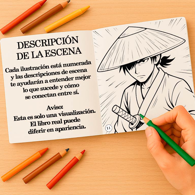 Libro de colorear ilustrado con escenas numeradas Libro de colorear y aventuras abierto para niños y adolescentes, con una descripción de escena con historia y una página para colorear — parte de un libro interactivo con escenas de fantasía y páginas para colorear para niños y adultos.