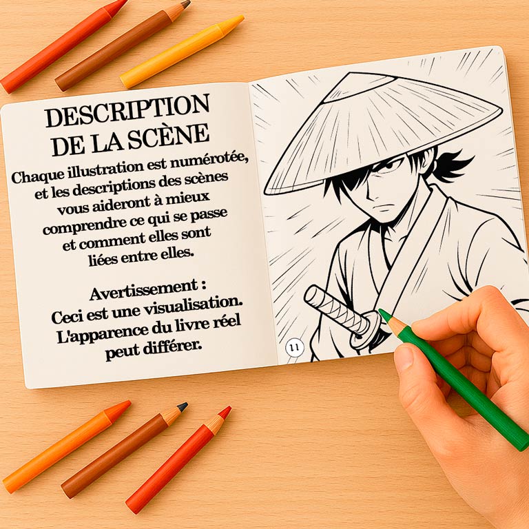 Livre de coloriage illustré avec scènes numérotées Livre de coloriage et d’aventure ouvert pour enfants et adolescents, avec une description de scène narrative et une page à colorier — partie d’un livre interactif avec scènes fantastiques et pages de coloriage pour enfants et adultes.
