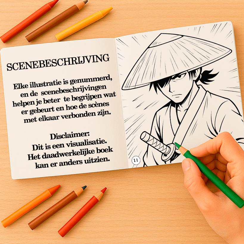 Geïllustreerd kleurverhaalboek met genummerde scènes Open kleurboek en avonturenboek voor kinderen en tieners, met een verhalende scènebeschrijving en een kleurplaat — onderdeel van een interactief kleurverhaal met fantasyscènes en kleurpagina’s voor kinderen en volwassenen.