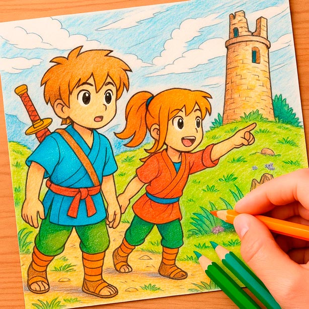 Blade & Bloom – Band 1: Die Legende der Drachenblume – Szene 24 Die jungen Helden Haru und Aki bereiten sich auf den Kampf am alten Turm vor – der Beginn ihres Malabenteuers.