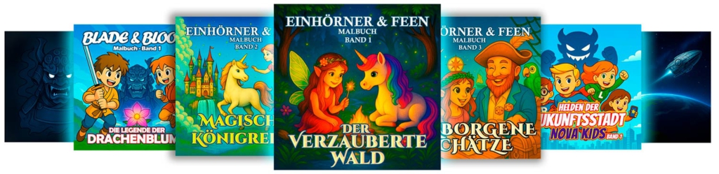 Malbücher, Abenteuerbücher, Romane, Erzählungen, Manga-Malbücher, Anime-Malbücher, Einhörner, Märchen, magische Malbücher, Anti-Stress-Malbücher
