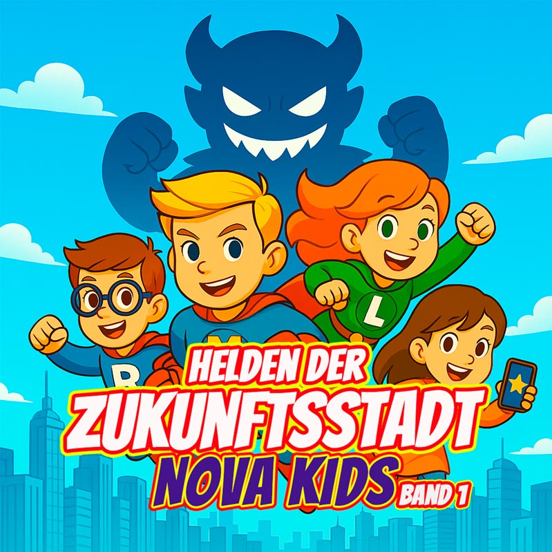 Cover des Malbuchs Nova Kids Band 1 – Helden der Zukunftsstadt, mit einem Team junger Superhelden in einer futuristischen Stadt und dem Schatten eines geheimnisvollen Bösewichts im Hintergrund.