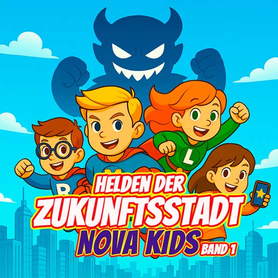 Cover des Malbuchs Nova Kids Band 1 – Helden der Zukunftsstadt, mit einem Team junger Superhelden in einer futuristischen Stadt und dem Schatten eines geheimnisvollen Bösewichts im Hintergrund.