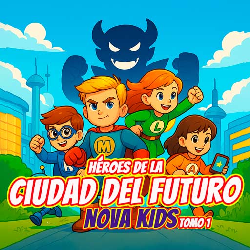 Portada del libro para colorear Nova Kids Tomo 1 – Héroes de la Ciudad del Futuro, con un equipo de jóvenes superhéroes en una ciudad futurista y la sombra de un villano misterioso al fondo.