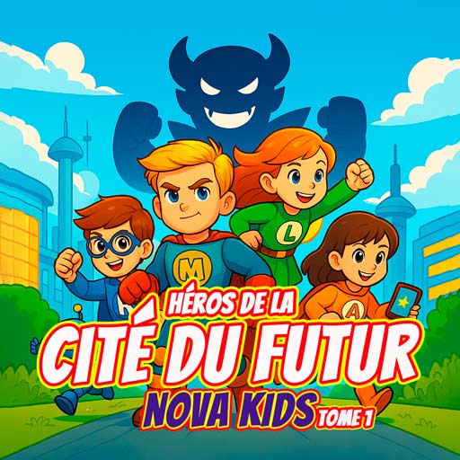 Couverture du livre de coloriage Nova Kids Tome 1 – Héros de la Cité du Futur, avec une équipe de jeunes super-héros dans une ville futuriste et l’ombre d’un méchant mystérieux en arrière-plan.