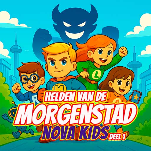 Omslag van het kleurboek Nova Kids Deel 1 – Helden van de Morgenstad, met een team jonge superhelden in een futuristische stad en de schaduw van een mysterieuze schurk op de achtergrond.