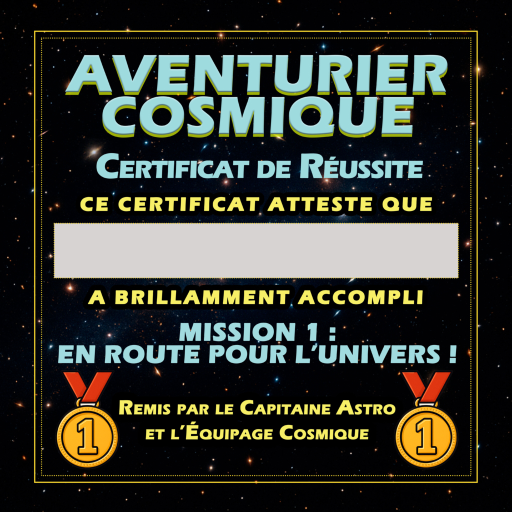 Certificat d’Aventurier Cosmique pour enfants – page de récompense issue d’une série éducative sur l’univers.