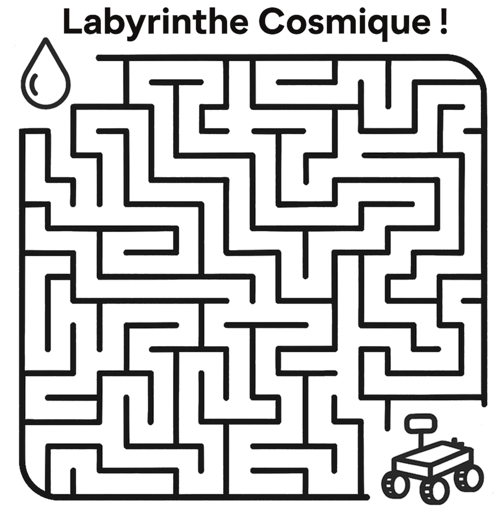 Labyrinthe spatial du livre Aventurier Cosmique – activité amusante autour des planètes et des rovers pour enfants.