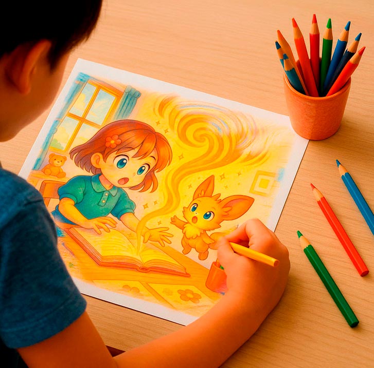 Scène du livre de coloriage – Hanna découvre une énergie magique dans son carnet de croquis.