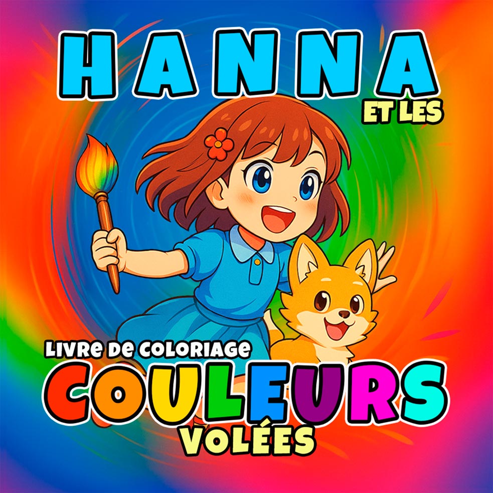 Livre de coloriage inspiré de l’anime pour enfants, sur la magie, les esprits des couleurs et une quête artistique pour sauver un monde en train de disparaître.