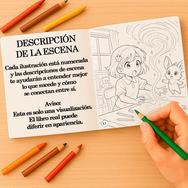 Libro de colorear ilustrado con escenas numeradas Libro de colorear y aventuras abierto para niños y adolescentes, con una descripción de escena con historia y una página para colorear — parte de un libro interactivo con escenas de fantasía y páginas para colorear para niños y adultos.