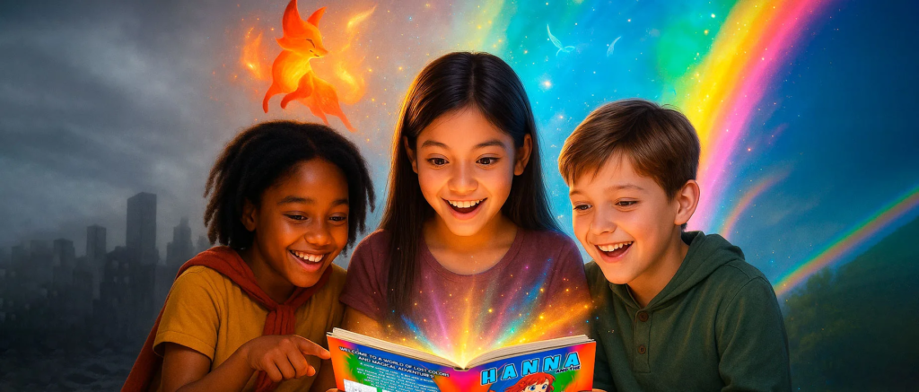 Header image for Hanna and the Stolen Colors – magical coloring adventure with anime-style characters and glowing rainbow sparkles