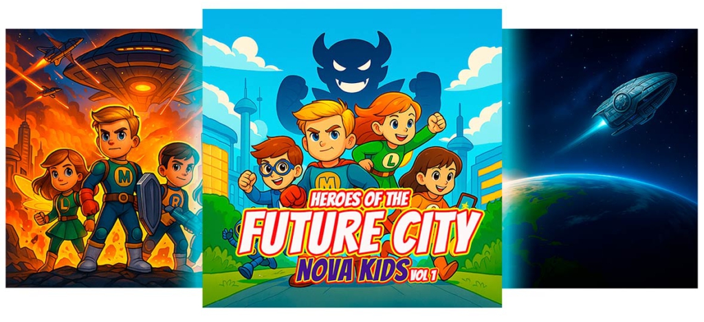 Sci-fi coloring book for children with superpowered heroes, robots, and futuristic city adventures