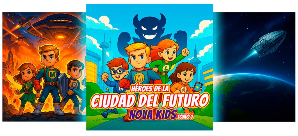 Libro para colorear de ciencia ficción para niños con héroes con superpoderes, robots y aventuras en una ciudad futurista.