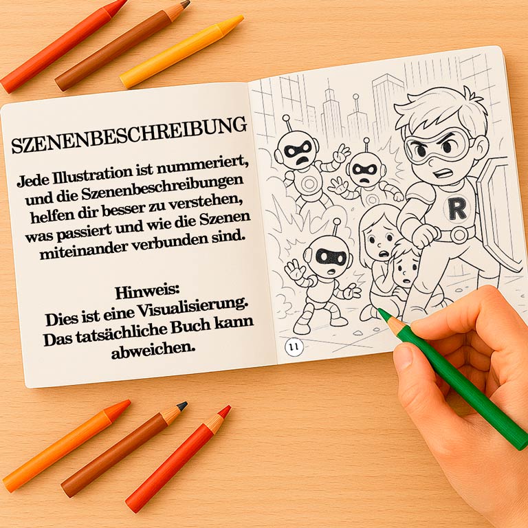 Offenes Malbuch und Abenteuerbuch für Kinder und Jugendliche, mit einer erzählerischen Szenenbeschreibung und einer Ausmalseite – Teil eines interaktiven Geschichtenbuchs mit Fantasieszenerien und Ausmalbildern für Kinder und Erwachsene.