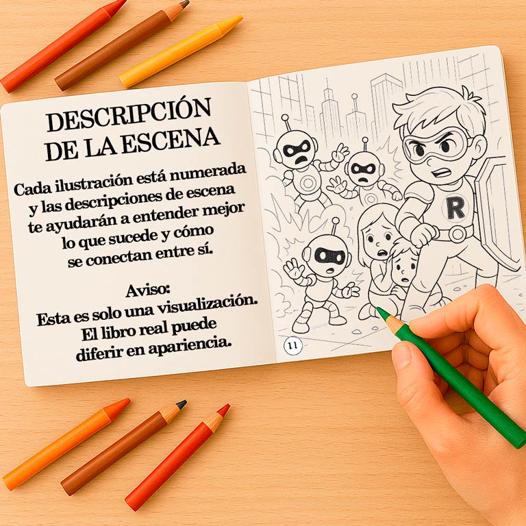 Libro de colorear ilustrado con escenas numeradas Libro de colorear y aventuras abierto para niños y adolescentes, con una descripción de escena con historia y una página para colorear — parte de un libro interactivo con escenas de fantasía y páginas para colorear para niños y adultos.