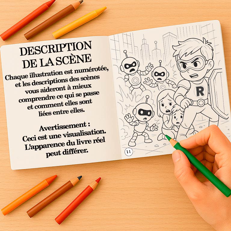 Livre de coloriage illustré avec scènes numérotées Livre de coloriage et d’aventure ouvert pour enfants et adolescents, avec une description de scène narrative et une page à colorier — partie d’un livre interactif avec scènes fantastiques et pages de coloriage pour enfants et adultes.