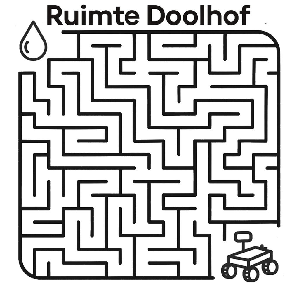 Ruimte-doolhof uit het Kosmische Avonturier-boek – leuke activiteit met planeten en ruimteverkenners voor kinderen.