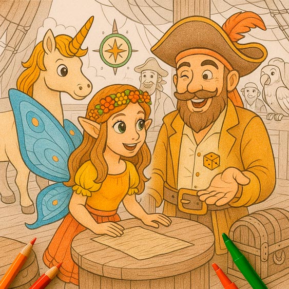 Eenhoorns & Feeën – Deel 3: Verborgen Schatten – Scène 10 De eenhoorn en de fee stapten aan boord van het schip en werden begroet door vrolijke piraten — niet eng, maar fonkelend met oorbellen, betoverde kaarten en papegaaien die raadsels kraakten.