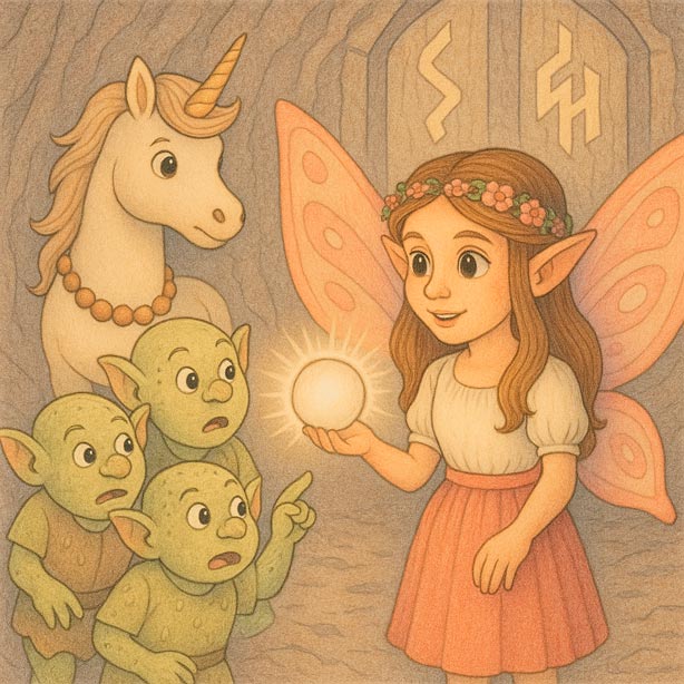 Eenhoorns & Feeën – Deel 3: Verborgen Schatten – Scène 32 Eenhoorns & Feeën – Deel 3: Verborgen Schatten – Een eenhoorn en een fee ontmoeten goblins aan het einde van de grot, voor de Vlammenpoort.