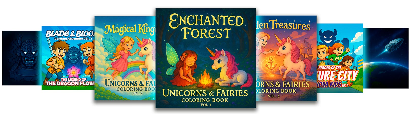 Funbooks series coloring books, adventure books, novels, tales, manga coloring books, anime coloring books, unicorns, fairy tales, magical coloring, antistress coloring books