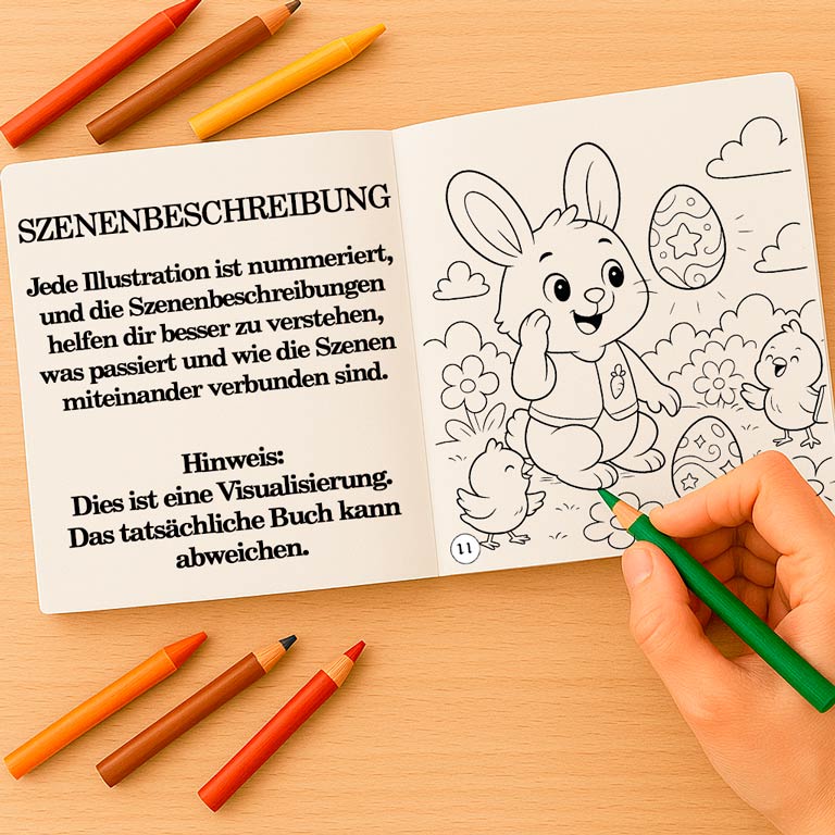 Illustriertes Malbuch mit nummerierten Szenen Offenes Malbuch und Abenteuerbuch für Kinder und Jugendliche, mit einer erzählerischen Szenenbeschreibung und einer Ausmalseite – Teil eines interaktiven Geschichtenbuchs mit Fantasieszenerien und Ausmalbildern für Kinder und Erwachsene.
