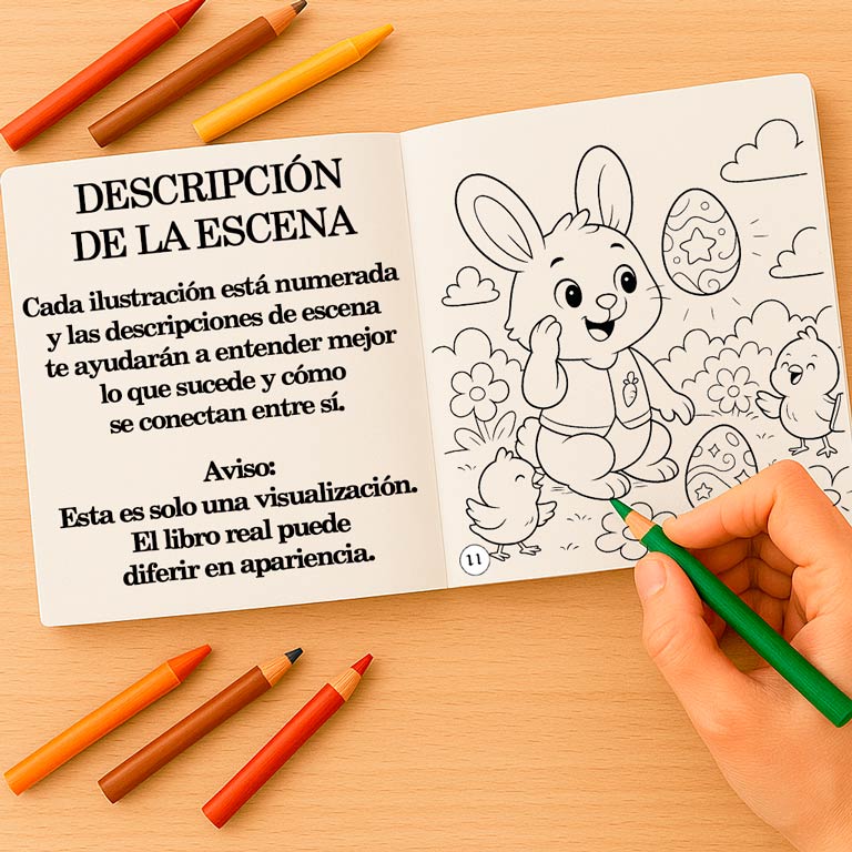 Libro de colorear ilustrado con escenas numeradas Libro de colorear y aventuras abierto para niños y adolescentes, con una descripción de escena con historia y una página para colorear — parte de un libro interactivo con escenas de fantasía y páginas para colorear para niños y adultos.