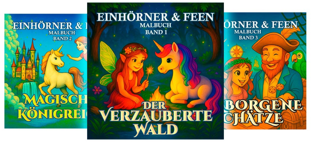 Geschichtenbasiertes Fantasy-Malbuch für Kinder mit Einhörnern, Feen und magischen Waldabenteuern.