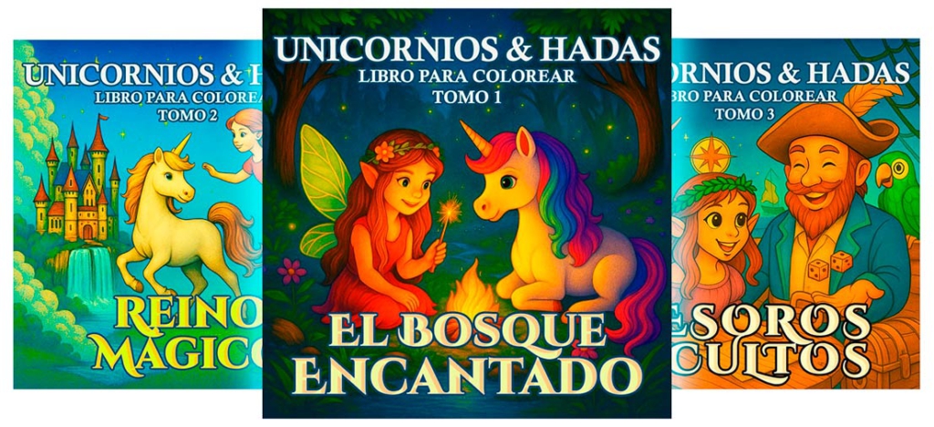 Libro para colorear de fantasía con historia para niños, con unicornios, hadas y aventuras en bosques mágicos.