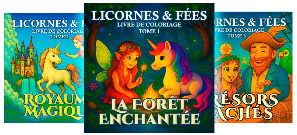 Livre de coloriage fantastique basé sur une histoire pour enfants, avec des licornes, des fées et des aventures en forêt enchantée.