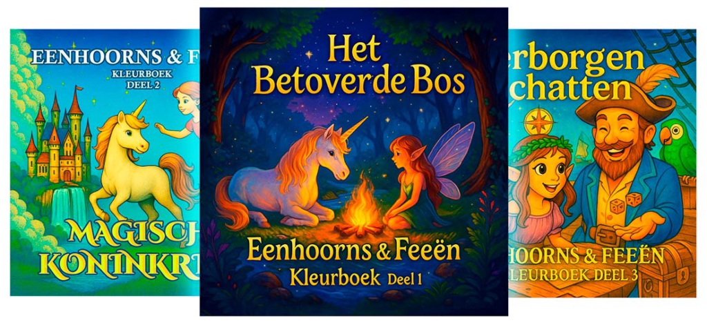 Verhalend fantasiekleurboek voor kinderen met eenhoorns, feeën en magische bosavonturen.