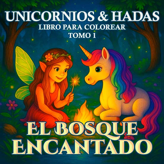Libro de colorear infantil con historia, lleno de unicornios, hadas y aventuras mágicas en el bosque.