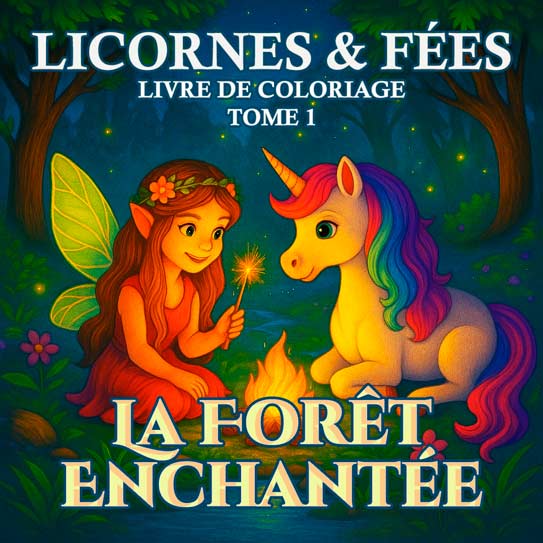 Livre de coloriage fantastique avec histoire pour enfants, avec des licornes, des fées et des aventures magiques en forêt.