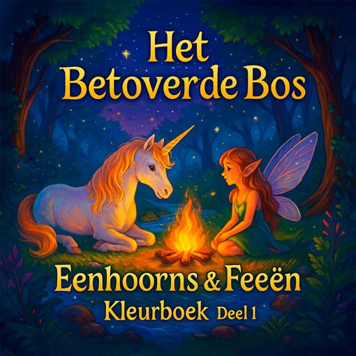 Verhalend fantasiekleurboek voor kinderen met eenhoorns, feeën en magische bosavonturen.