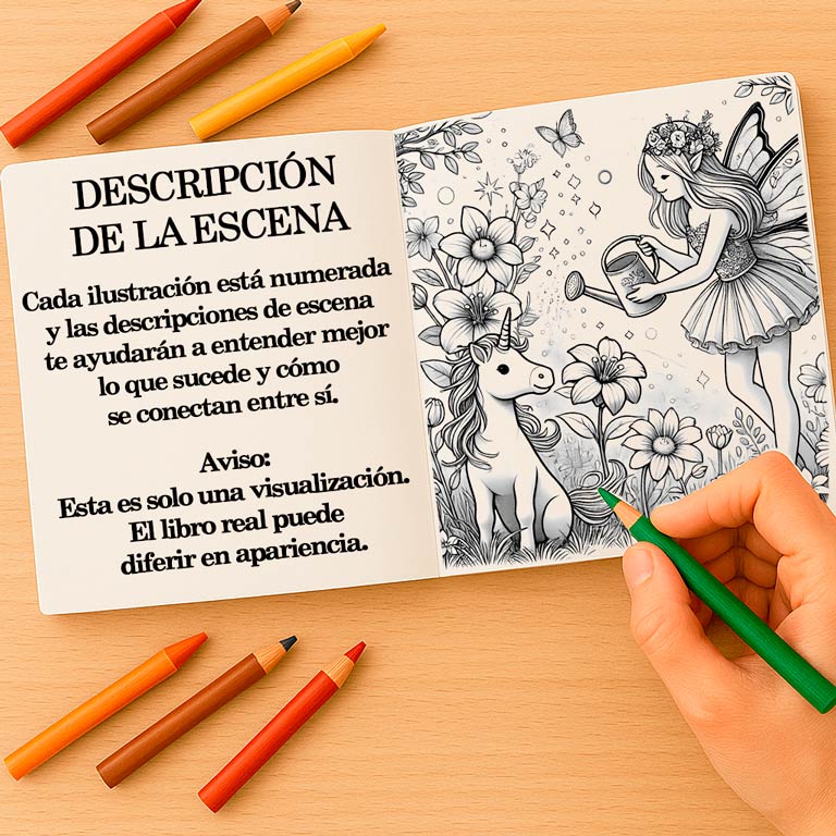 Libro de colorear y aventuras abierto para niños y adolescentes, con una descripción de escena con historia y una página para colorear — parte de un libro interactivo con escenas de fantasía y páginas para colorear para niños y adultos.