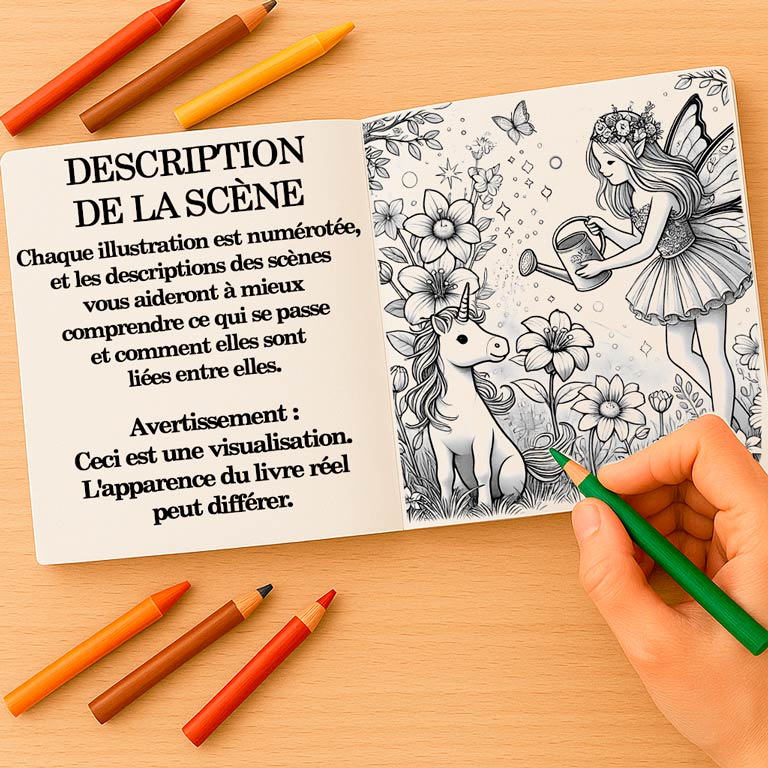 Livre de coloriage illustré avec scènes numérotées Livre de coloriage et d’aventure ouvert pour enfants et adolescents, avec une description de scène narrative et une page à colorier — partie d’un livre interactif avec scènes fantastiques et pages de coloriage pour enfants et adultes.