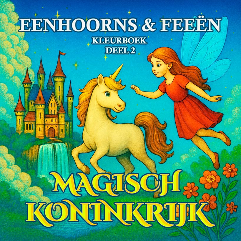 Fantasierijk kleurboek voor kinderen met eenhoorns, feeën, regenboogluchten en magische koninkrijken – onderdeel van de serie Eenhoorns & Feeën.