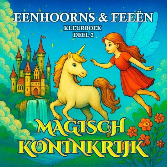 Fantasierijk kleurboek voor kinderen met eenhoorns, feeën, regenboogluchten en magische koninkrijken – onderdeel van de serie Eenhoorns & Feeën.
