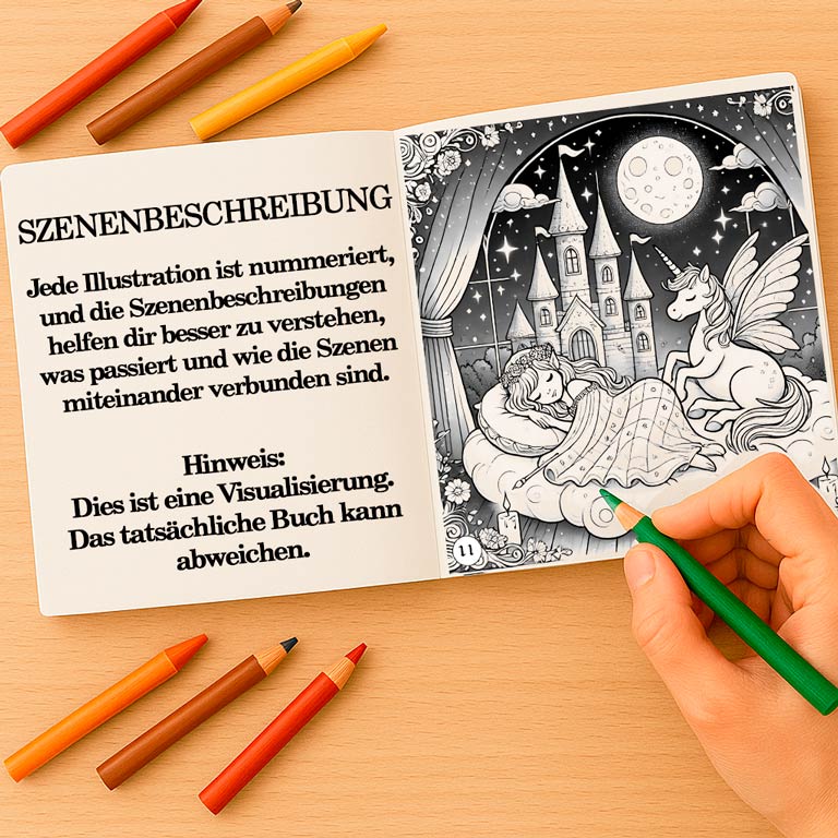 Illustriertes Malbuch mit nummerierten Szenen Offenes Malbuch und Abenteuerbuch für Kinder und Jugendliche, mit einer erzählerischen Szenenbeschreibung und einer Ausmalseite – Teil eines interaktiven Geschichtenbuchs mit Fantasieszenerien und Ausmalbildern für Kinder und Erwachsene.