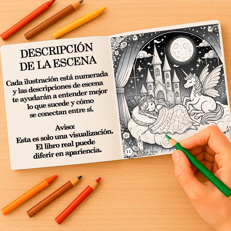 Libro de colorear ilustrado con escenas numeradas Libro de colorear y aventuras abierto para niños y adolescentes, con una descripción de escena con historia y una página para colorear — parte de un libro interactivo con escenas de fantasía y páginas para colorear para niños y adultos.