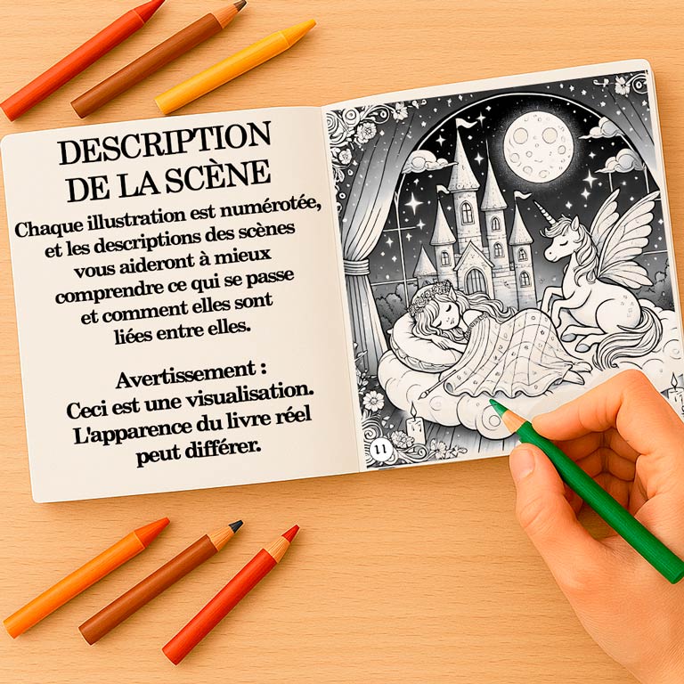 Livre de coloriage illustré avec scènes numérotées Livre de coloriage et d’aventure ouvert pour enfants et adolescents, avec une description de scène narrative et une page à colorier — partie d’un livre interactif avec scènes fantastiques et pages de coloriage pour enfants et adultes.