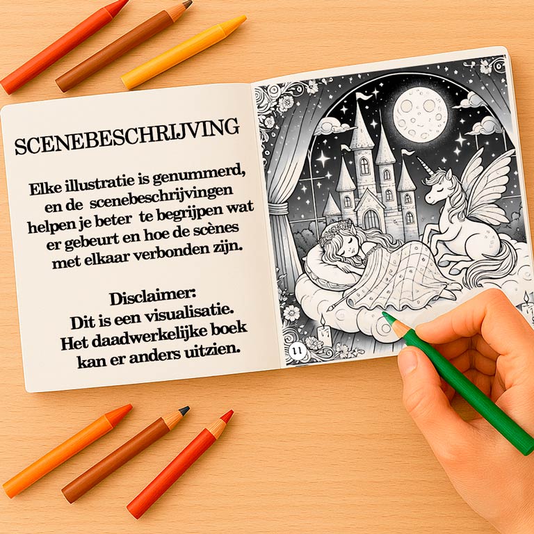 Open kleurboek en avonturenboek voor kinderen en tieners, met een verhalende scènebeschrijving en een kleurplaat — onderdeel van een interactief kleurverhaal met fantasyscènes en kleurpagina’s voor kinderen en volwassenen.