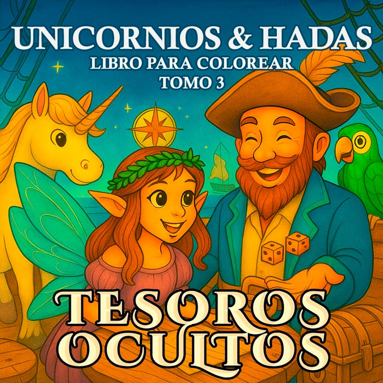 Libro de colorear de aventuras con unicornios, hadas, mapas del tesoro, islas flotantes y misiones submarinas — tercer volumen de la serie Unicornios y Hadas.