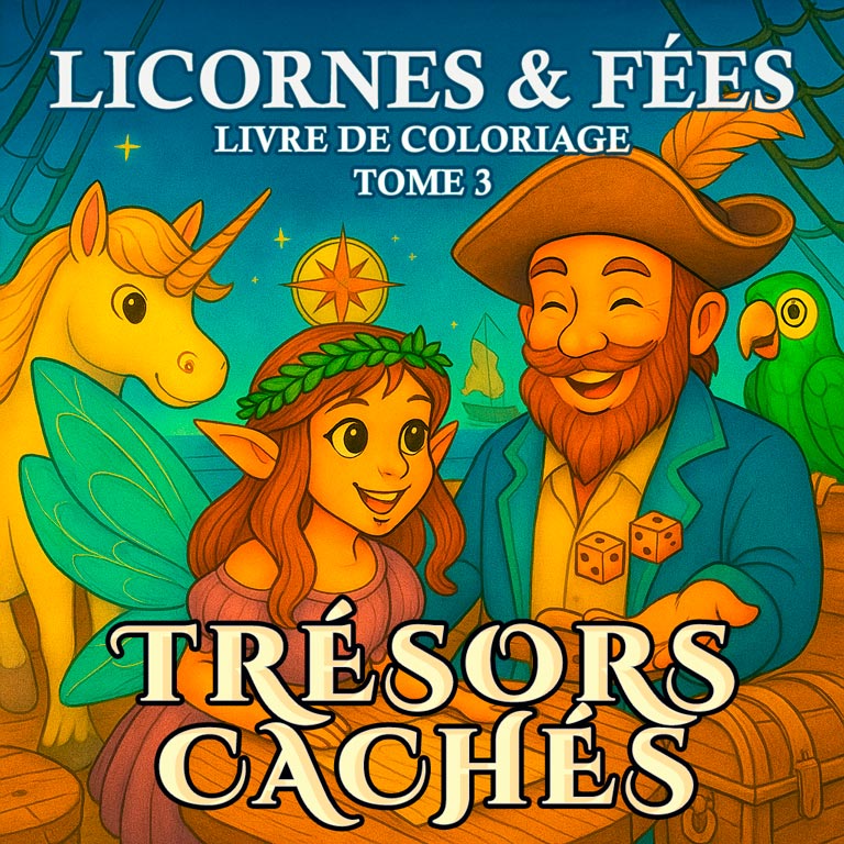 Livre de coloriage sur le thème de l’aventure avec des licornes, des fées, des cartes au trésor, des îles flottantes et des quêtes sous-marines – troisième volume de la série Licornes & Fées.