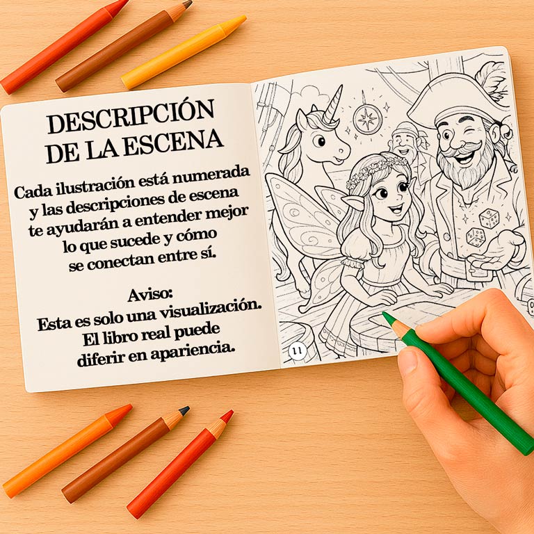 Libro de colorear y aventuras abierto para niños y adolescentes, con una descripción de escena con historia y una página para colorear — parte de un libro interactivo con escenas de fantasía y páginas para colorear para niños y adultos.